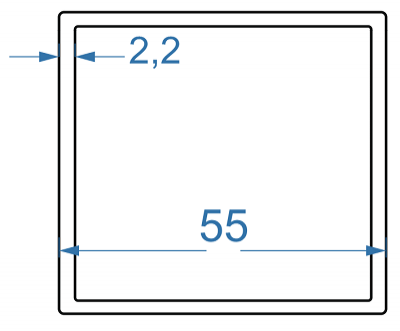 Алюминиевая труба квадратная 55x55x2,2 мм, АД35 (6082)