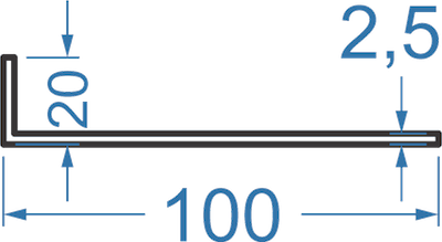 Алюминиевый уголок разносторонний 100x20x2,5 мм, АД31